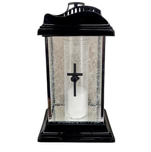 Sklo hřbitovní lucerna 37 cm vklad 120g 38h křížek s růží černá